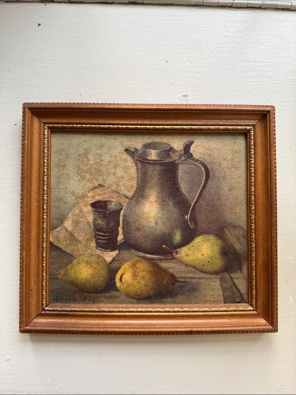 Vintage Still Life Wall Art - Pears and Pitcher in Brown Frame